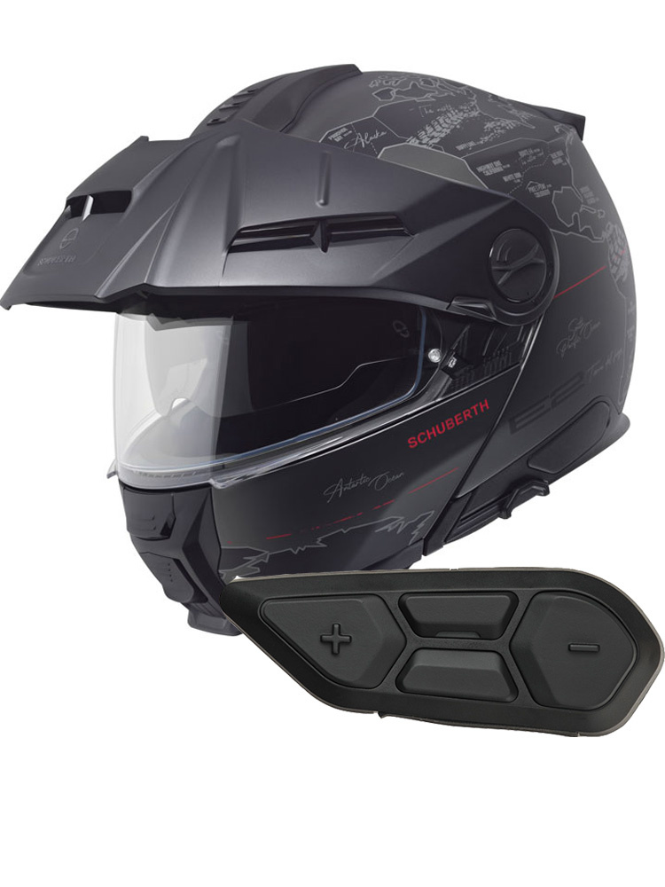 Zestaw: kask szczękowy Schuberth E2 Atlas czarno-szary + dedykowany interkom motocyklowy + Gratisy
