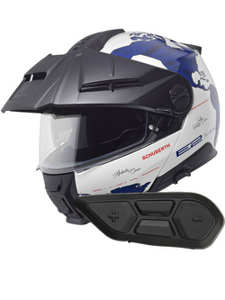 Zestaw: kask szczękowy Schuberth E2 Atlas biało-niebieski + dedykowany interkom motocyklowy + Gratisy