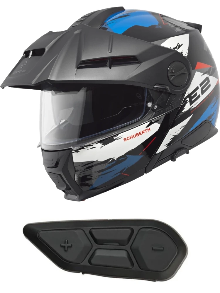 Zestaw: Kask szczękowy Schuberth E2 Trail czarno-biało-niebieski matowy + dedykowany interkom motocyklowy + Gratisy