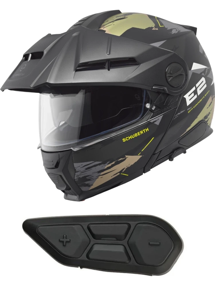 Zestaw: Kask szczękowy Schuberth E2 Trail czarno-zielony połysk + dedykowany interkom motocyklowy + Gratisy