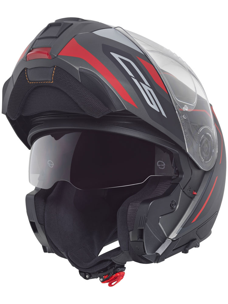 Zestaw: kask szczękowy Schuberth C5 Omega czarno-szaro-czerwony + dedykowany interkom motocyklowy + Gratisy