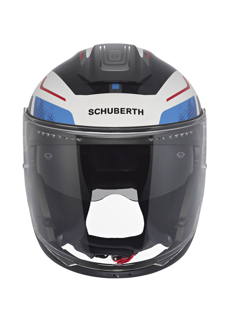 Zestaw: Kask otwarty Schuberth J2 Sigma czarno-biało-niebieski + dedykowany interkom motocyklowy + Gratisy
