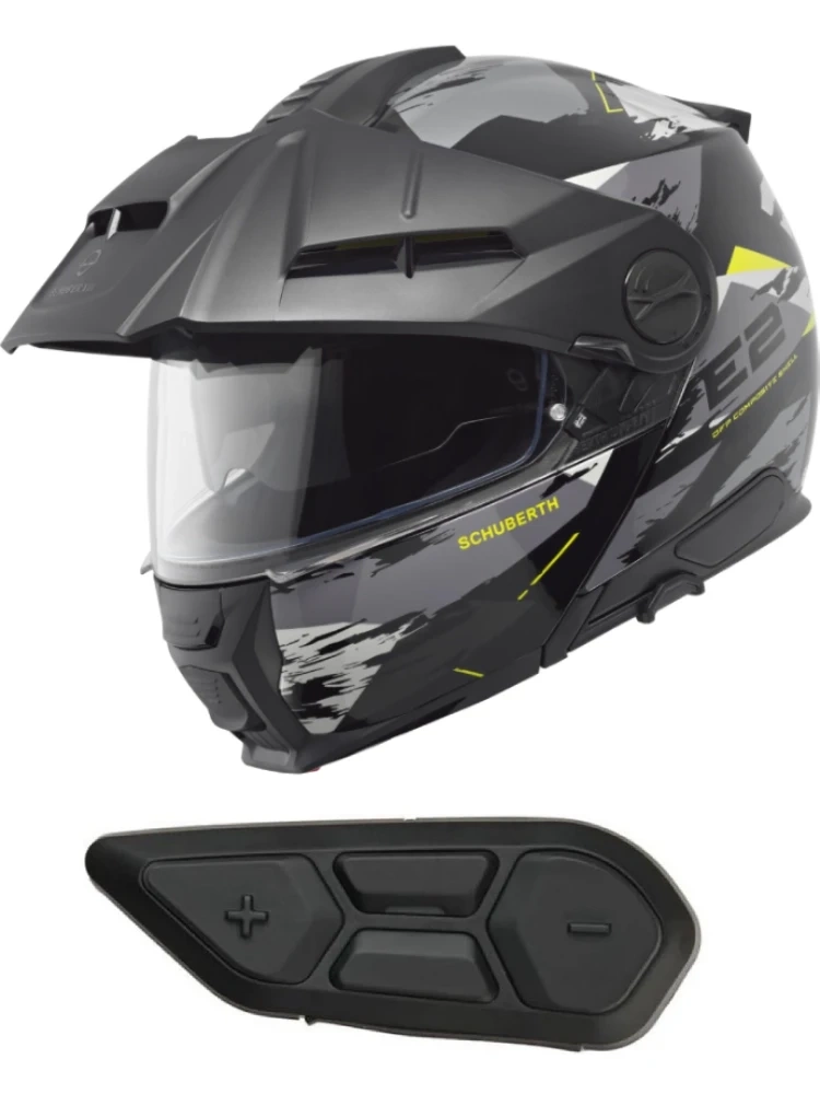 Zestaw: Kask szczękowy Schuberth E2 Trail czarno-szaro-żółty matowy + dedykowany interkom motocyklowy + Gratisy