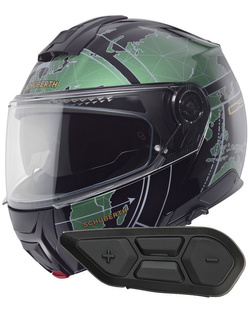 Zestaw: kask szczękowy Schuberth C5 Globe zielono-czarny + dedykowany interkom motocyklowy + Gratisy
