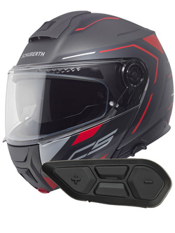 Zestaw: kask szczękowy Schuberth C5 Omega czarno-szaro-czerwony + dedykowany interkom motocyklowy + Gratisy
