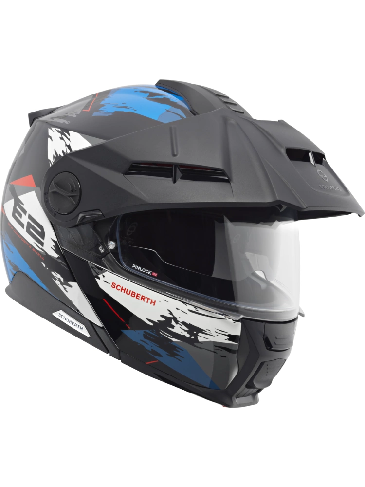 Zestaw: Kask szczękowy Schuberth E2 Trail czarno-biało-niebieski matowy + dedykowany interkom motocyklowy + Gratisy