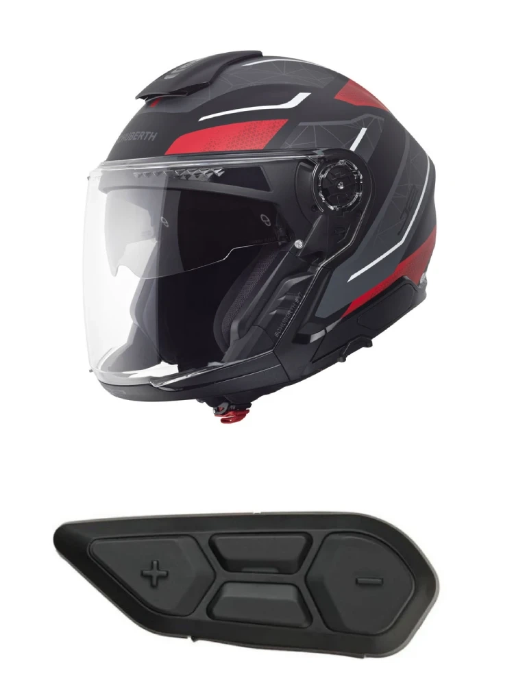 Zestaw: Kask otwarty Schuberth J2 Sigma czarno-szaro-czerwony + dedykowany interkom motocyklowy + Gratisy