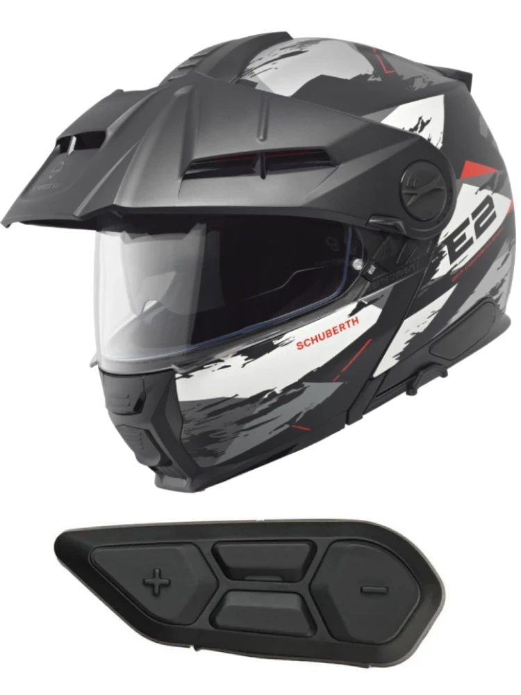 Zestaw: Kask szczękowy Schuberth E2 Trail czarno-szaro-biały matowy + dedykowany interkom motocyklowy + Gratisy