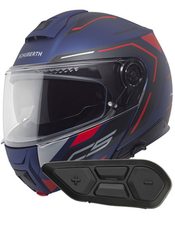 Zestaw: kask szczękowy Schuberth C5 Omega niebiesko-czarno-czerwony + dedykowany interkom motocyklowy + Gratisy