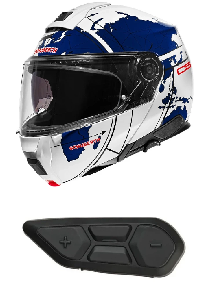 Zestaw: kask szczękowy Schuberth C5 Globe niebieski + dedykowany interkom motocyklowy + Gratisy