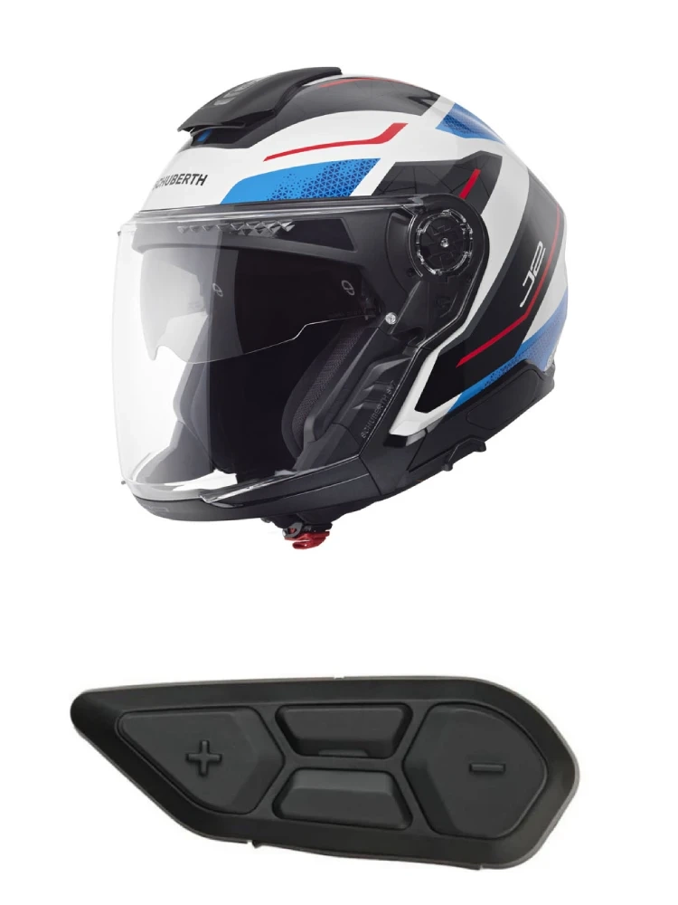 Zestaw: Kask otwarty Schuberth J2 Sigma czarno-biało-niebieski + dedykowany interkom motocyklowy + Gratisy