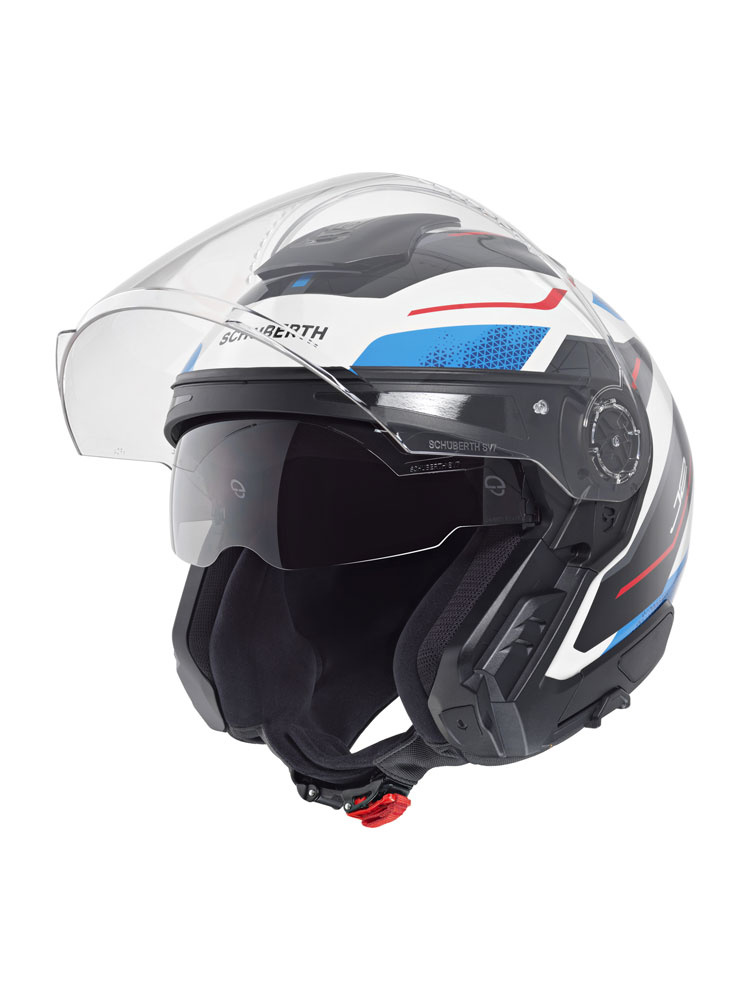Zestaw: Kask otwarty Schuberth J2 Sigma czarno-biało-niebieski + dedykowany interkom motocyklowy + Gratisy