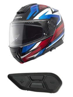 Zestaw: Kask szczękowy Schuberth C5 Zenith czarno-niebiesko-czerwony połysk + dedykowany interkom motocyklowy + Gratisy